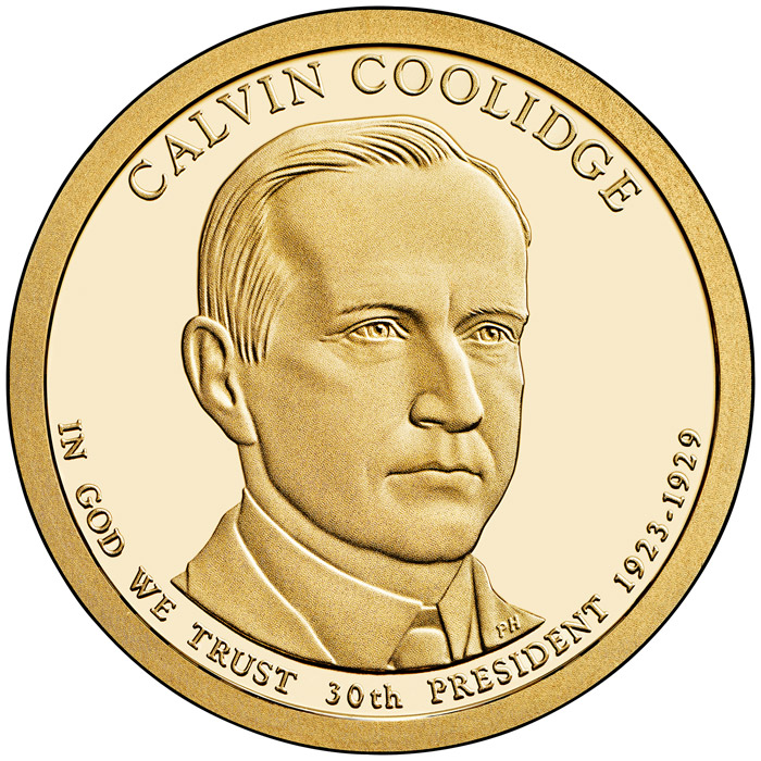 Image of 1 dollar coin - Calvin Coolidge (1923-1929) | USA 2014.  The Nordic gold (CuZnAl) coin is of Proof, BU, UNC quality.