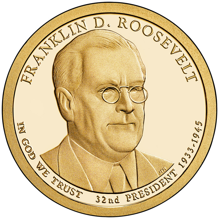 Image of 1 dollar coin - Franklin D. Roosevelt (1933-1945) | USA 2014.  The Nordic gold (CuZnAl) coin is of Proof, BU, UNC quality.