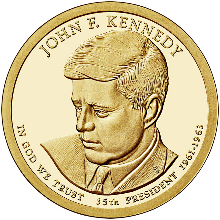 Image of 1 dollar coin - John F. Kennedy (1961-1963) | USA 2015.  The Nordic gold (CuZnAl) coin is of Proof, BU, UNC quality.