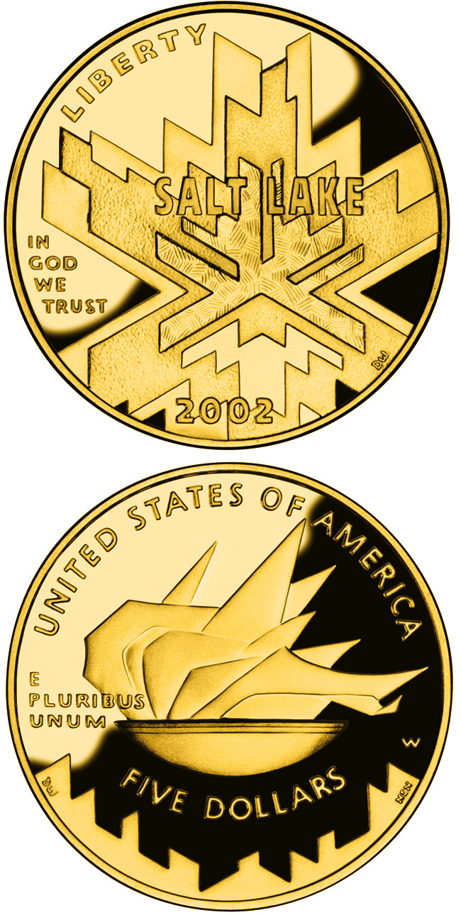 Image of 5 dollars coin - Olympic Winter Games  | USA 2002.  The Gold coin is of Proof, BU quality.