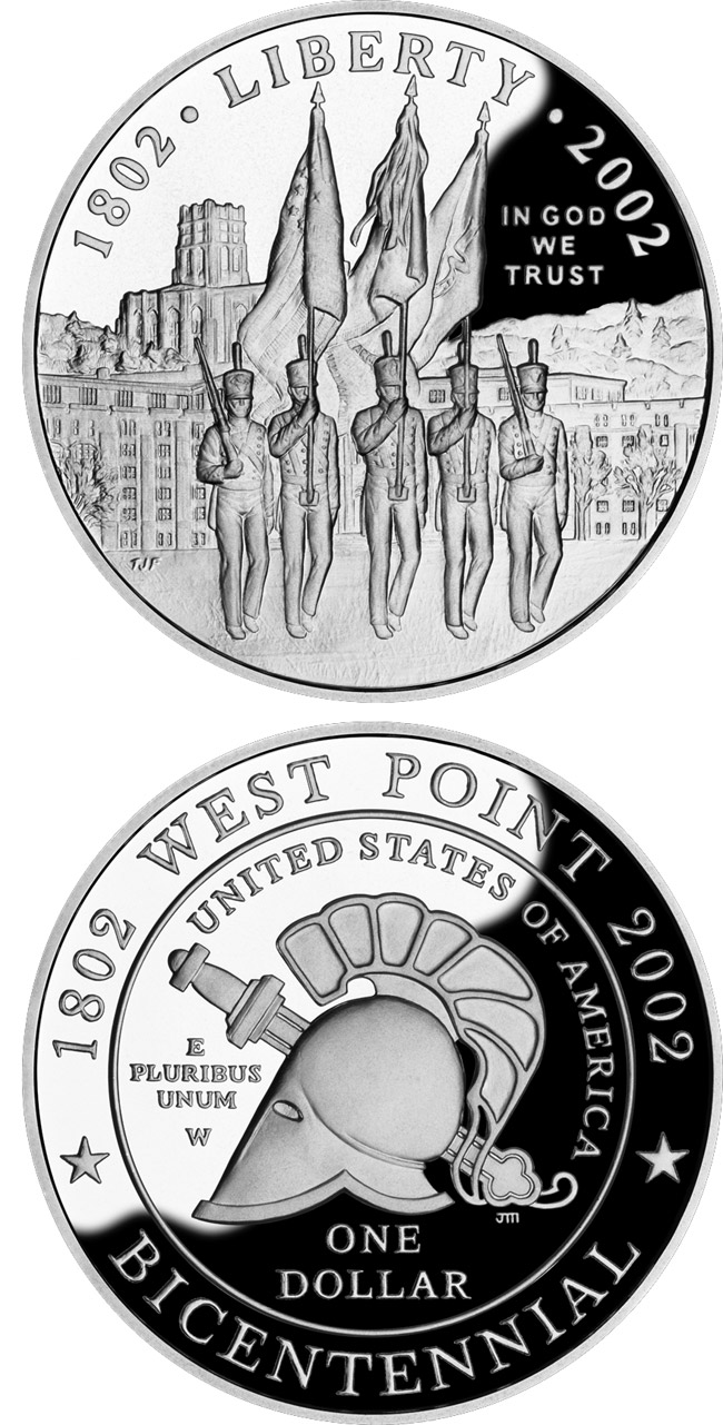 Image of 0.5 dollar coin - West Point Bicentennial  | USA 2002.  The Copper–Nickel (CuNi) coin is of Proof, BU quality.