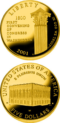 Image of 5 dollars coin - U.S. Capitol Visitor Center  | USA 2001.  The Gold coin is of Proof, BU quality.