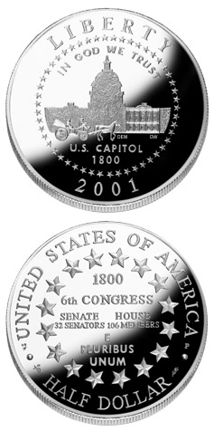 Image of 0.5 dollar coin - U.S. Capitol Visitor Center  | USA 2001.  The Copper–Nickel (CuNi) coin is of Proof, BU quality.