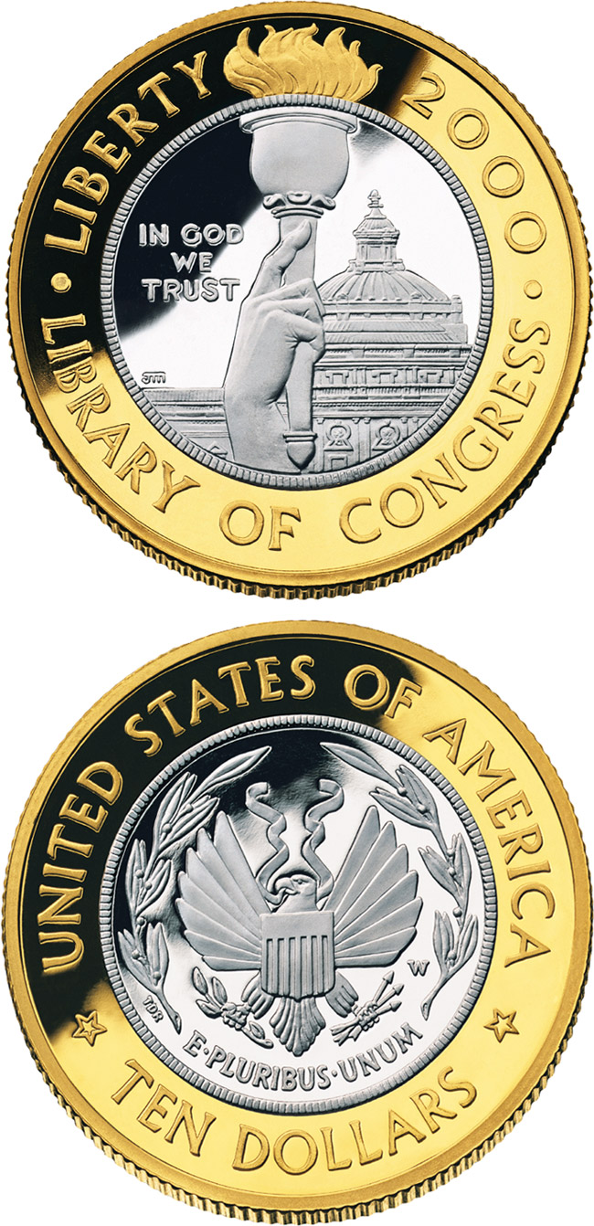 Image of 10 dollars coin - Library of Congress  | USA 2000.  The Gold coin is of Proof, BU quality.