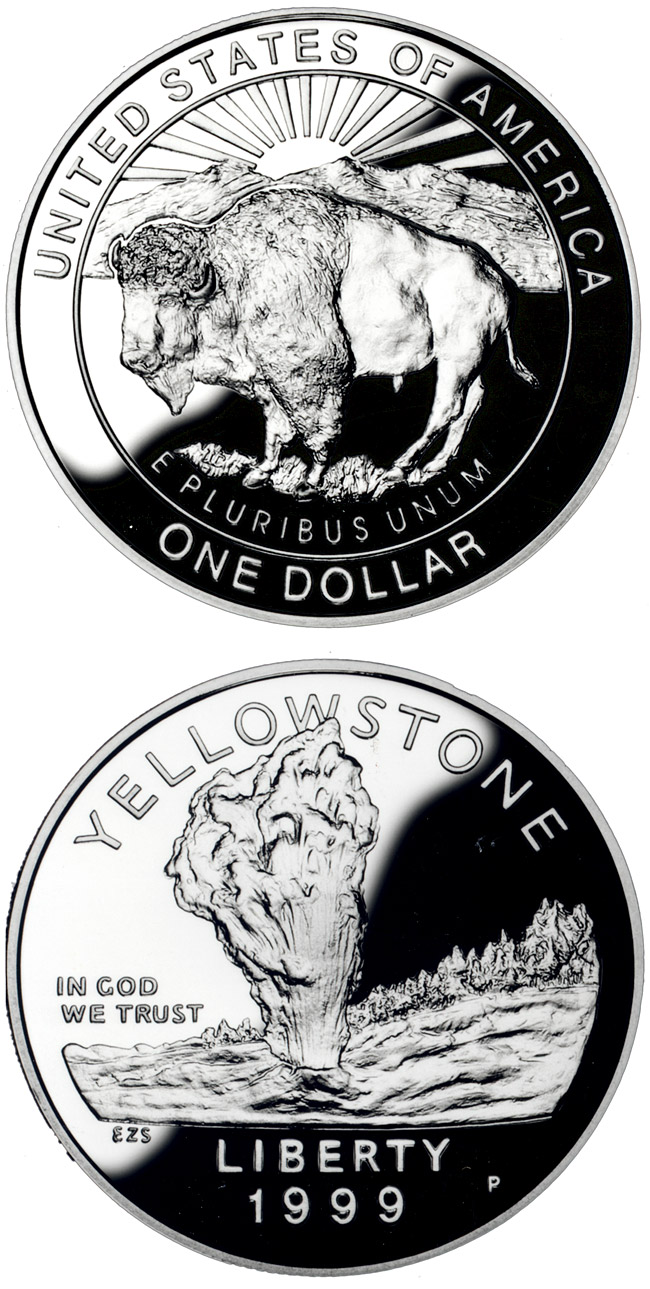 Image of 1 dollar coin - Yellowstone National Park  | USA 1999.  The Silver coin is of Proof, BU quality.