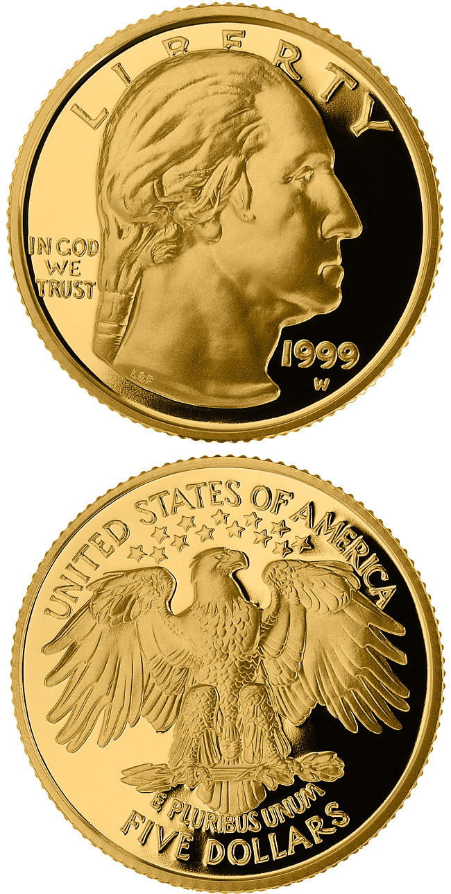 Image of 5 dollars coin - George Washington  | USA 1999.  The Gold coin is of Proof, BU quality.