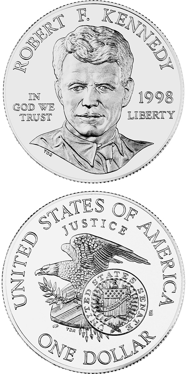 Image of 1 dollar coin - Robert F. Kennedy  | USA 1998.  The Silver coin is of Proof, BU quality.