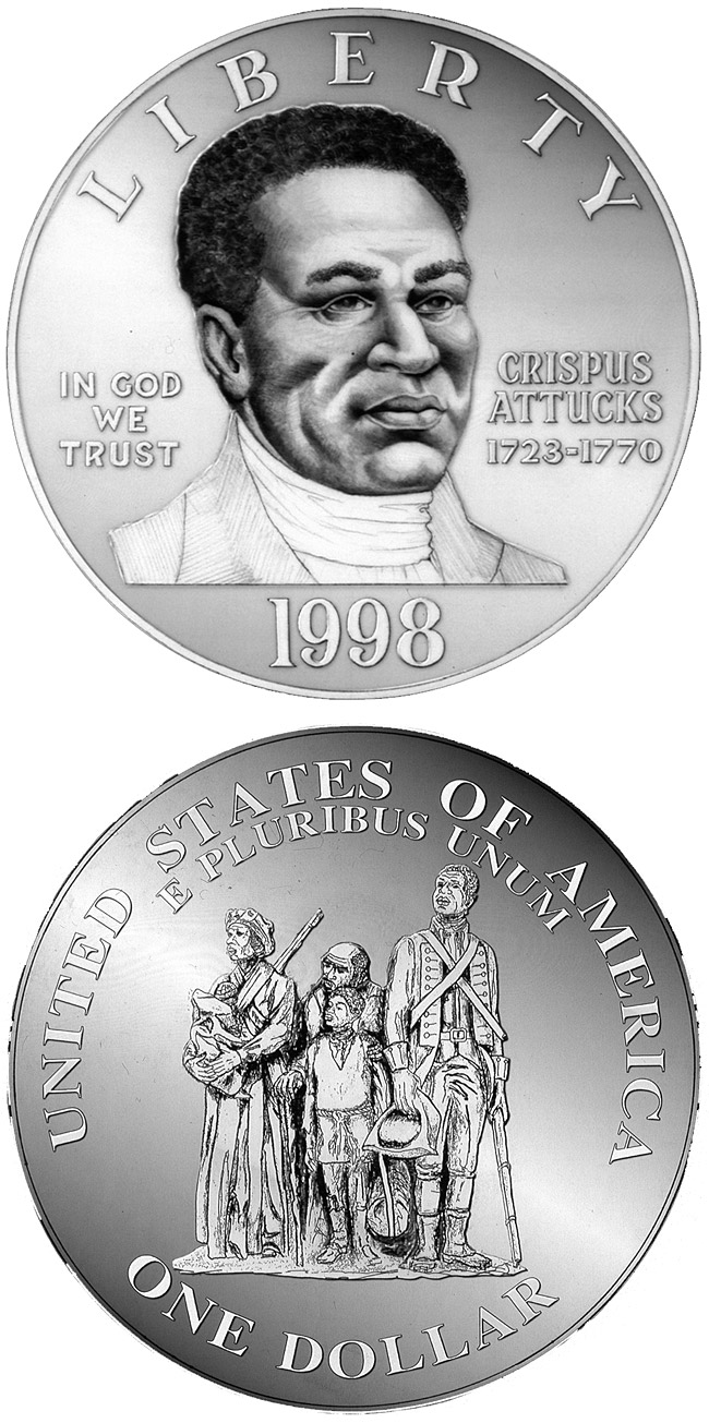 Image of 1 dollar coin - Black Revolutionary War Patriots  | USA 1998.  The Silver coin is of Proof, BU quality.