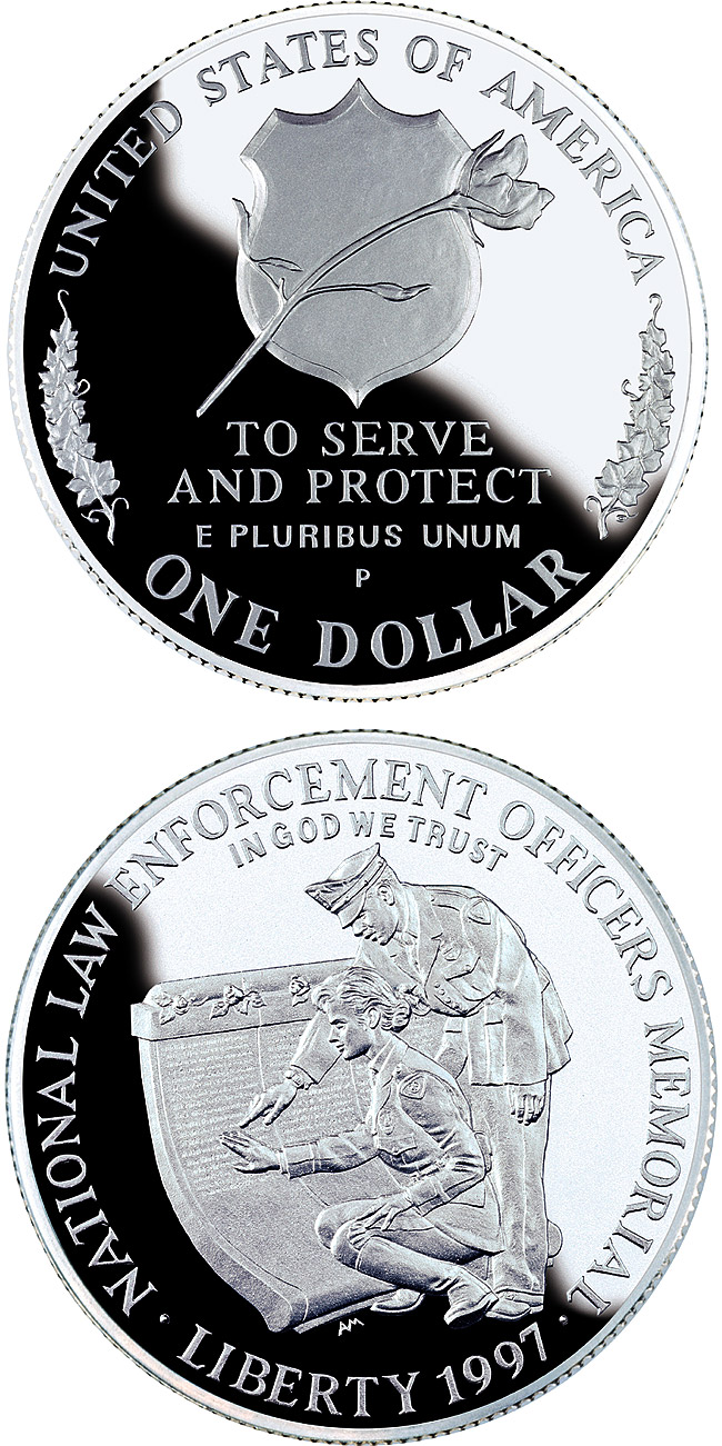 Image of 1 dollar coin - Law Enforcement  | USA 1997.  The Silver coin is of Proof, BU quality.