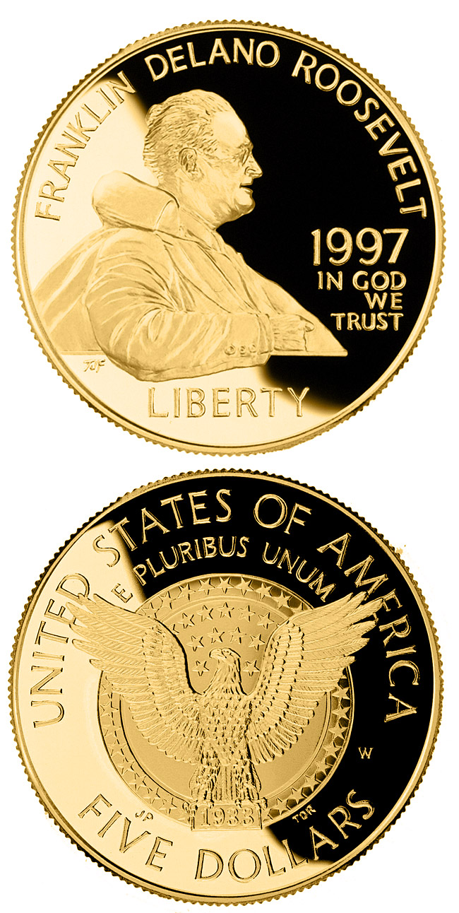 Image of 5 dollars coin - Franklin Delano Roosevelt  | USA 1997.  The Gold coin is of Proof, BU quality.
