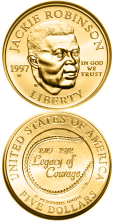 Image of 5 dollars coin - Jackie Robinson  | USA 1997.  The Gold coin is of Proof, BU quality.