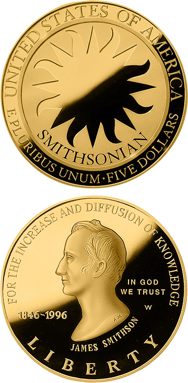 Image of 5 dollars coin - Smithsonian 150th Anniversary  | USA 1996.  The Gold coin is of Proof, BU quality.