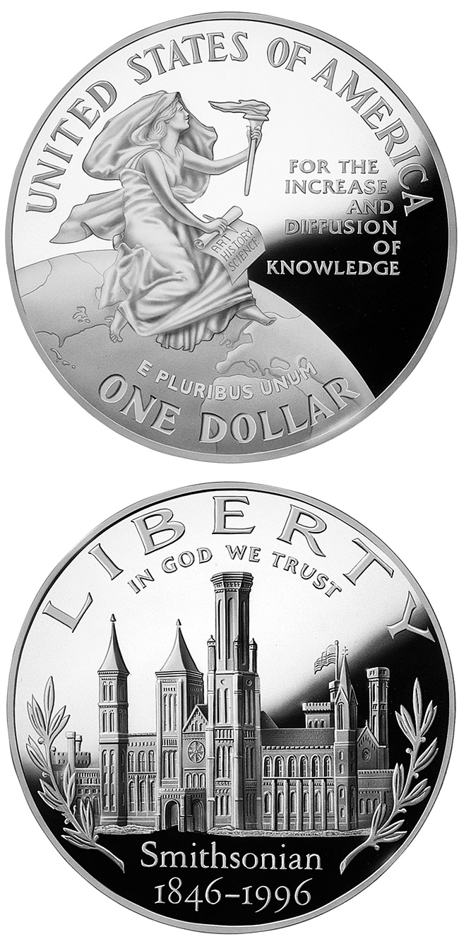 Image of 1 dollar coin - Smithsonian 150th Anniversary  | USA 1996.  The Silver coin is of Proof, BU quality.