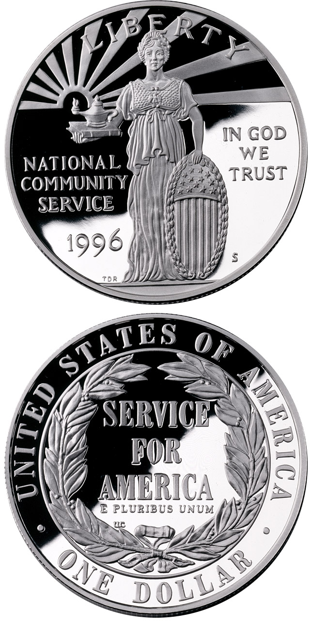 Image of 1 dollar coin - National Community Service  | USA 1996.  The Silver coin is of Proof, BU quality.