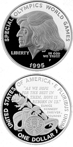 Image of 1 dollar coin - Special Olympics World Games  | USA 1995.  The Silver coin is of Proof, BU quality.