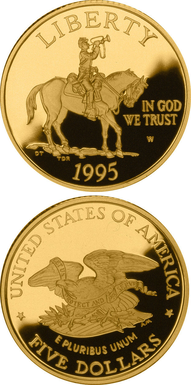 Image of 5 dollars coin - Civil War Battlefield  | USA 1995.  The Gold coin is of Proof, BU quality.