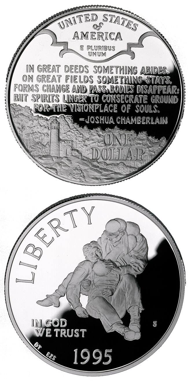Image of 1 dollar coin - Civil War Battlefield  | USA 1995.  The Silver coin is of Proof, BU quality.