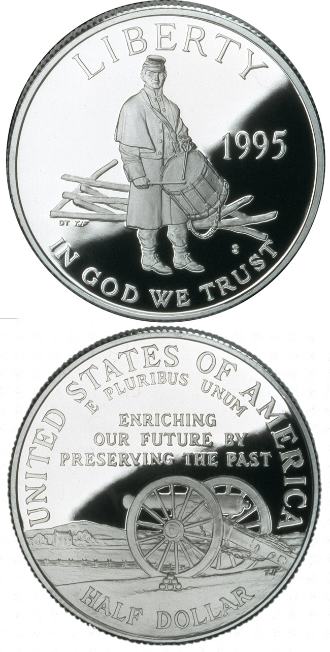 Image of 0.5 dollar coin - Civil War Battlefield  | USA 1995.  The Copper–Nickel (CuNi) coin is of Proof, BU quality.