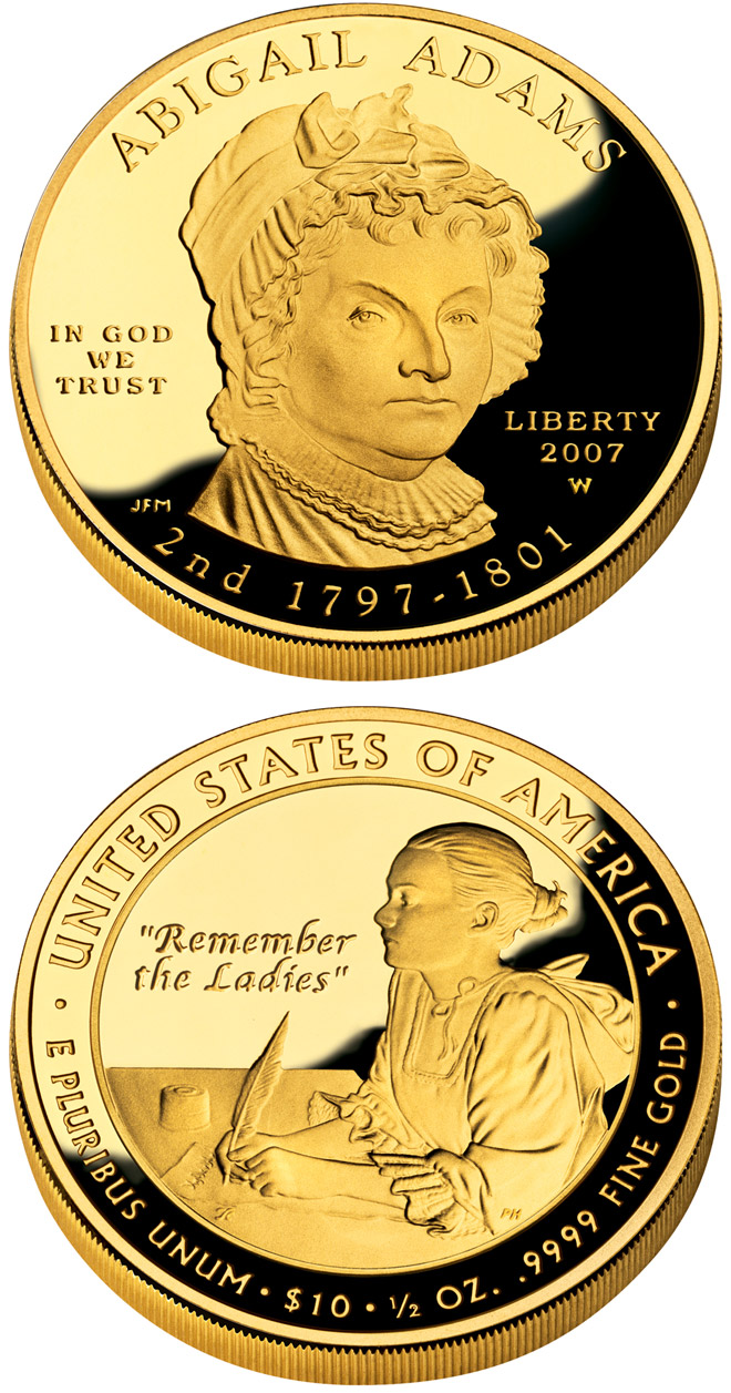 Image of 10 dollars coin - Abigail Adams  | USA 2007.  The Gold coin is of Proof, BU quality.