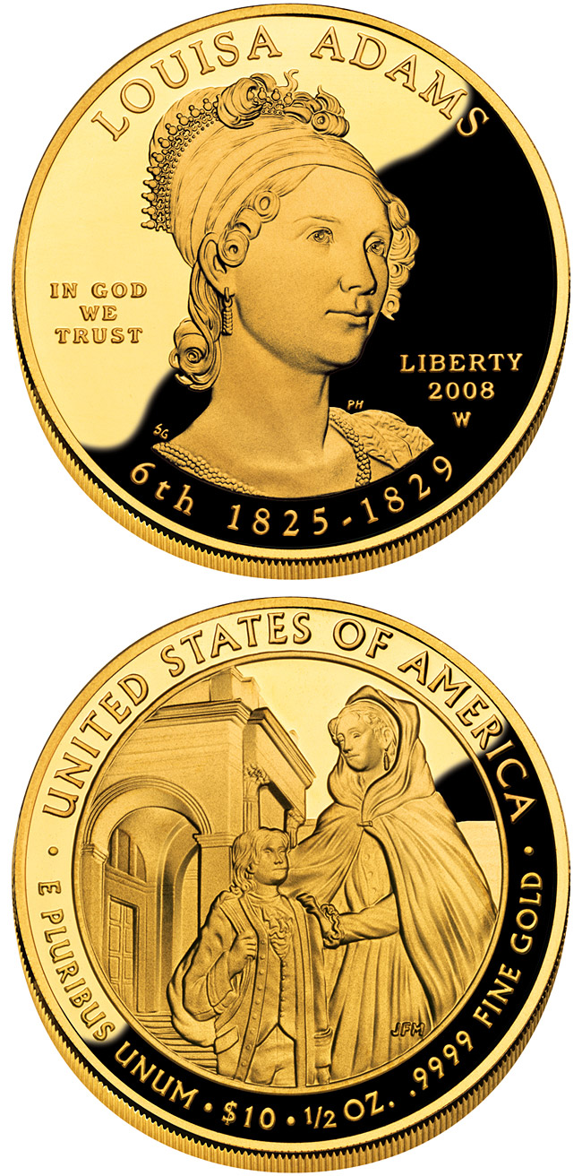 Image of 10 dollars coin - Louisa Adams  | USA 2008.  The Gold coin is of Proof, BU quality.