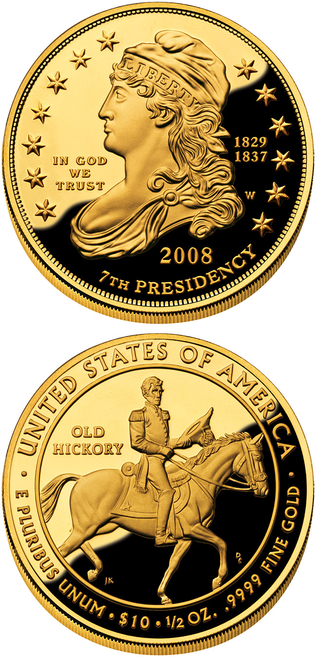 Image of 10 dollars coin - Andrew Jackson's Liberty  | USA 2008.  The Gold coin is of Proof, BU quality.