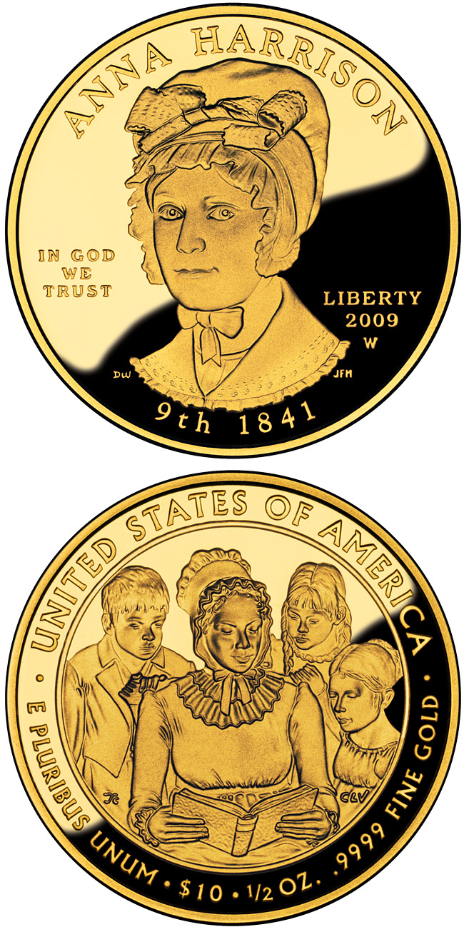 Image of 10 dollars coin - Anna Harrison  | USA 2009.  The Gold coin is of Proof, BU quality.
