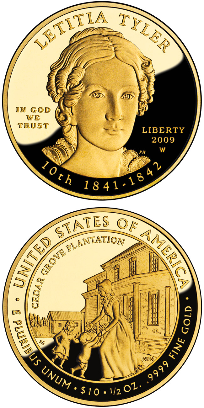 Image of 10 dollars coin - Letitia Tyler | USA 2009.  The Gold coin is of Proof, BU quality.