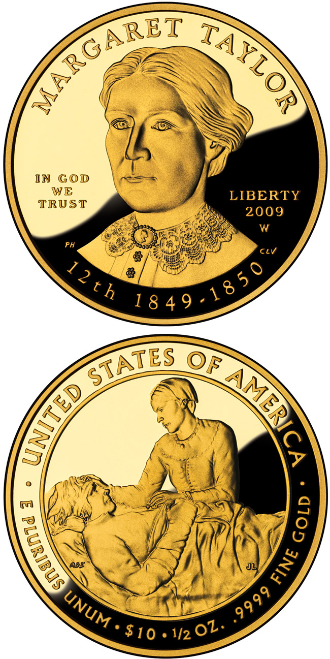 Image of 10 dollars coin - Margaret Taylor  | USA 2009.  The Gold coin is of Proof, BU quality.