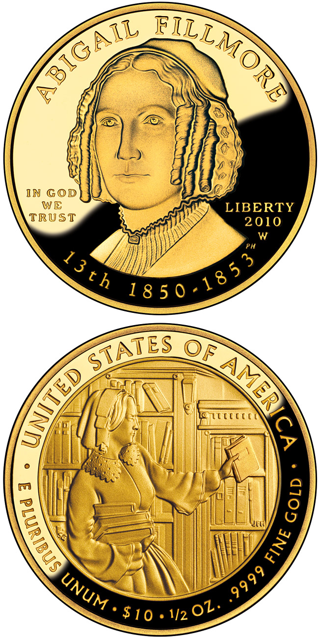 Image of 10 dollars coin - Abigail Fillmore  | USA 2010.  The Gold coin is of Proof, BU quality.