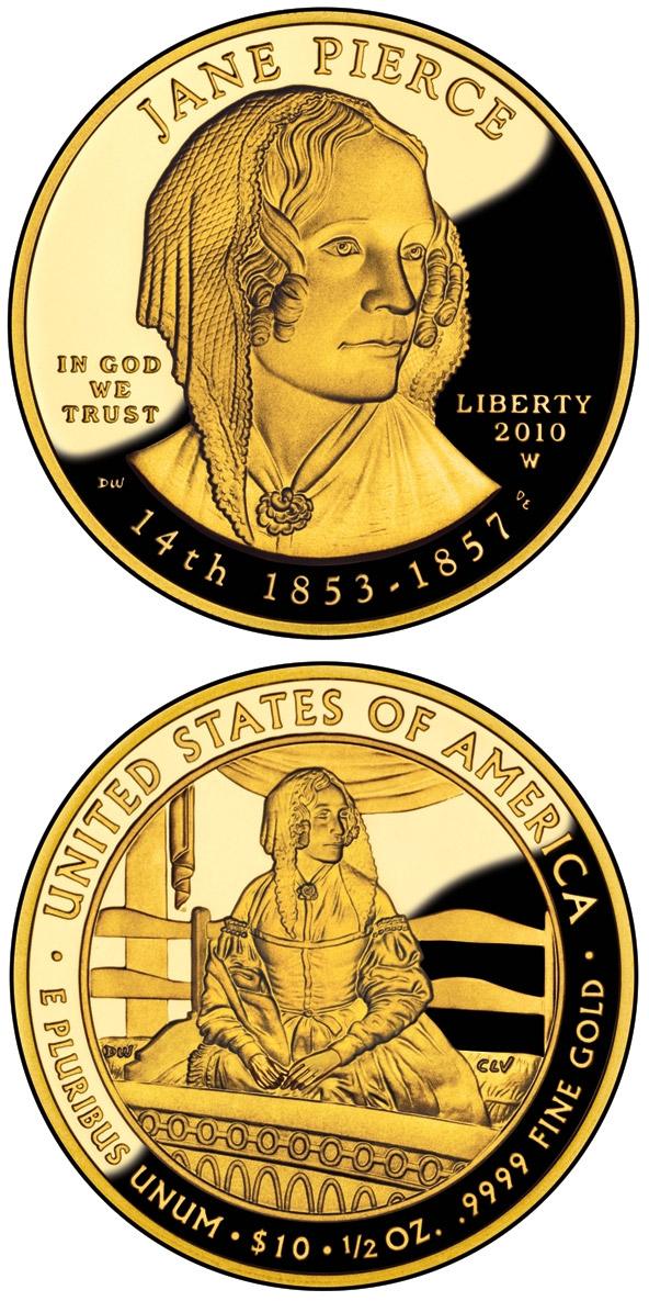 Image of 10 dollars coin - Jane Pierce  | USA 2010.  The Gold coin is of Proof, BU quality.
