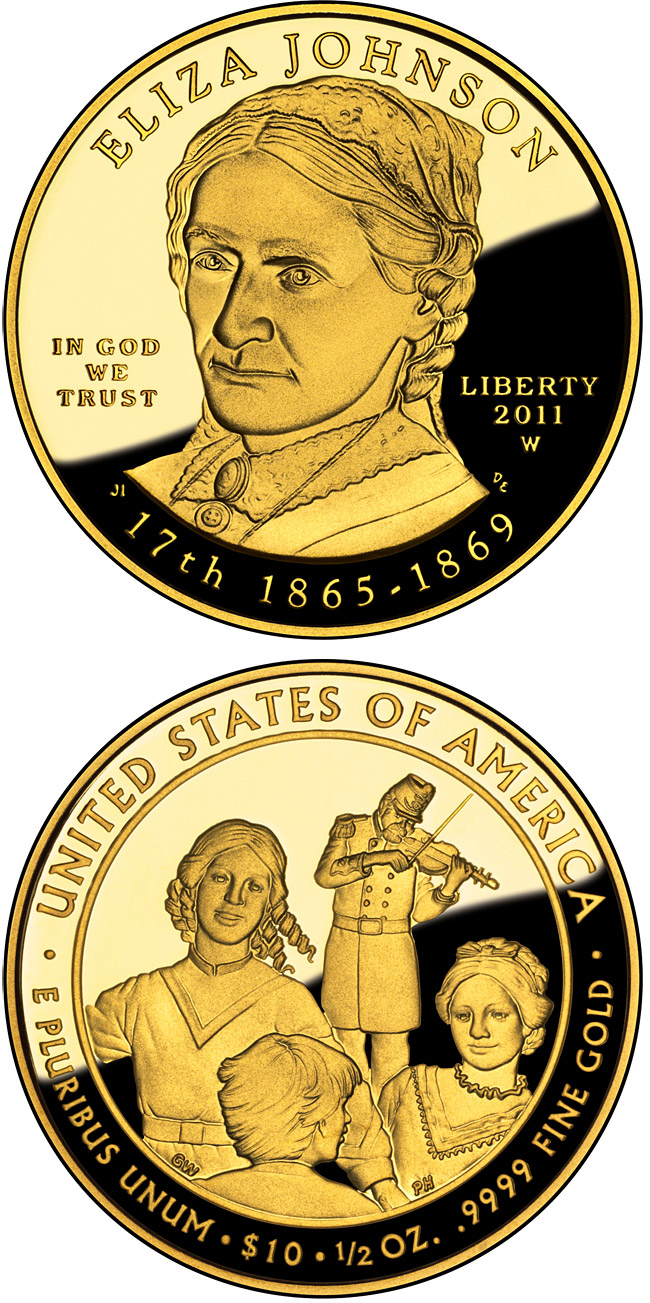 Image of 10 dollars coin - Eliza Johnson  | USA 2011.  The Gold coin is of Proof, BU quality.