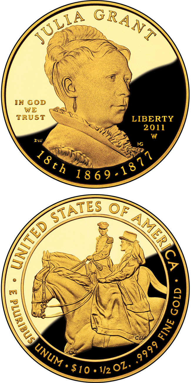 Image of 10 dollars coin - Julia Grant  | USA 2011.  The Gold coin is of Proof, BU quality.