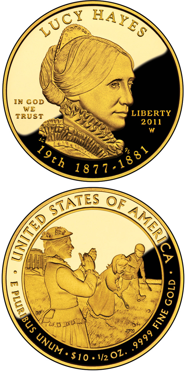 Image of 10 dollars coin - Lucy Hayes  | USA 2011.  The Gold coin is of Proof, BU quality.