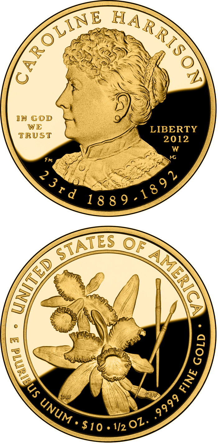 Image of 10 dollars coin - Caroline Harrison  | USA 2012.  The Gold coin is of Proof, BU quality.