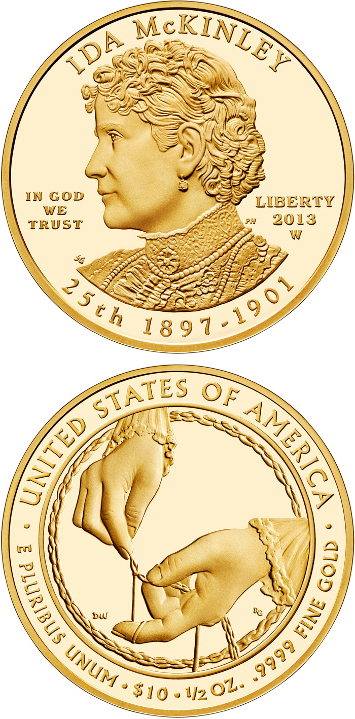 Image of 10 dollars coin - Ida McKinley  | USA 2013.  The Gold coin is of Proof, BU quality.