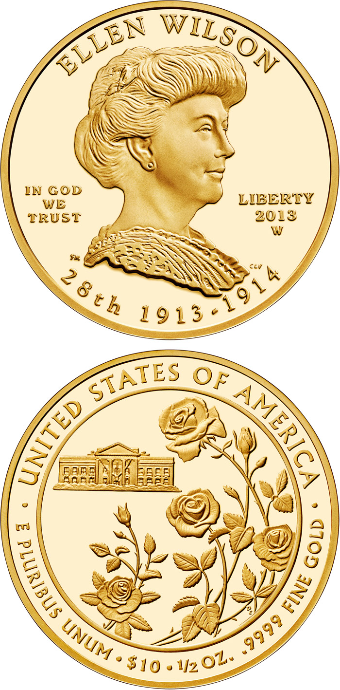 Image of 10 dollars coin - Ellen Wilson | USA 2013.  The Gold coin is of Proof, BU quality.