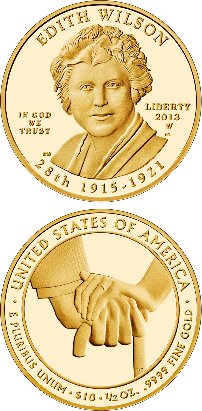 Image of 10 dollars coin - Edith Wilson  | USA 2013.  The Gold coin is of Proof, BU quality.