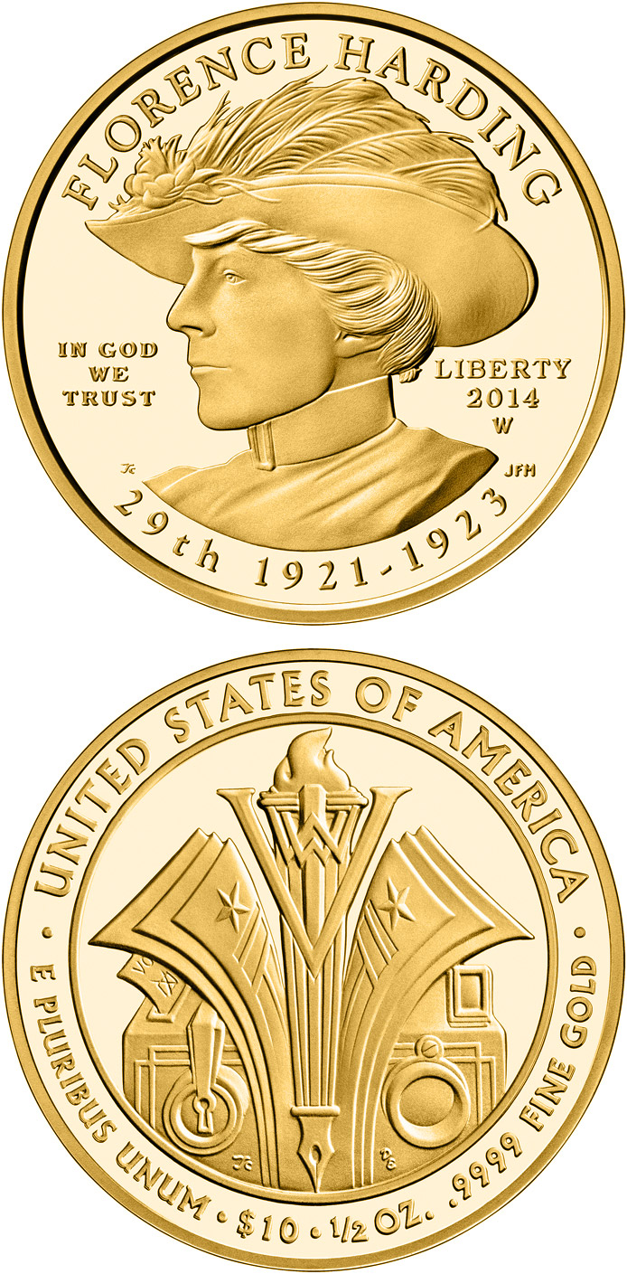 Image of 10 dollars coin - Florence Harding  | USA 2014.  The Gold coin is of Proof, BU quality.
