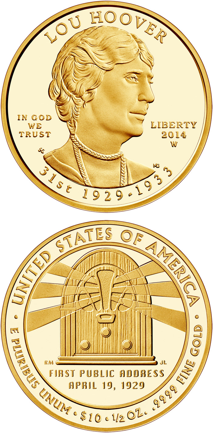 Image of 10 dollars coin - Lou Hoover  | USA 2014.  The Gold coin is of Proof, BU quality.
