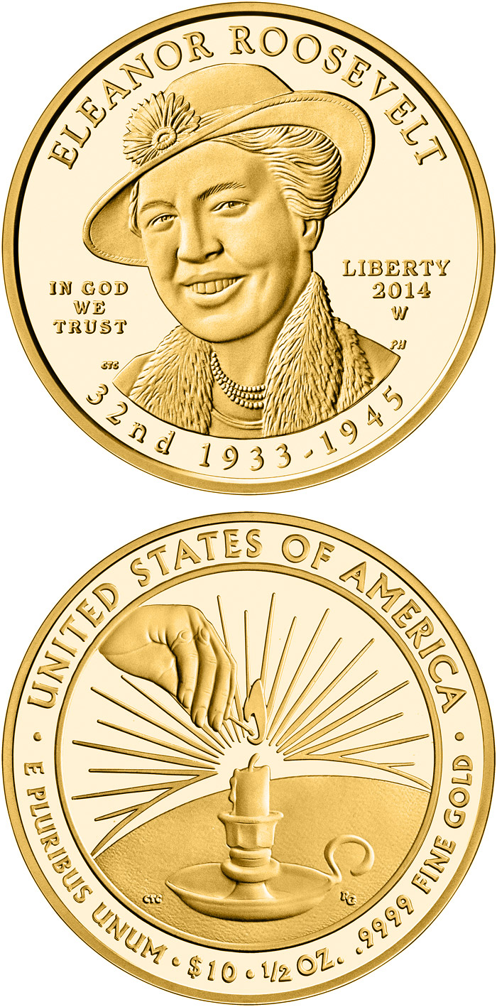 Image of 10 dollars coin - Anna Eleanor Roosevelt  | USA 2014.  The Gold coin is of Proof, BU quality.