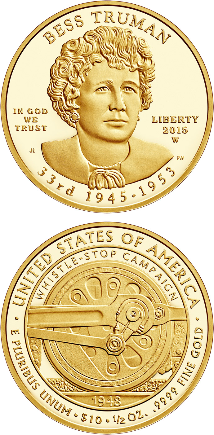 Image of 10 dollars coin - Elizabeth Truman  | USA 2015.  The Gold coin is of Proof, BU quality.
