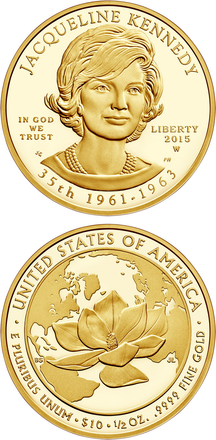 Image of 10 dollars coin - Jacqueline Kennedy  | USA 2015.  The Gold coin is of Proof, BU quality.