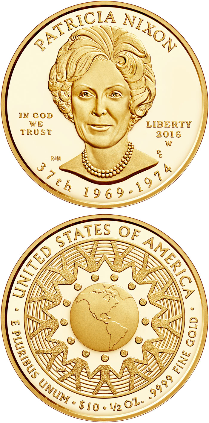 Image of 10 dollars coin - Patricia Ryan (Pat) Nixon  | USA 2016.  The Gold coin is of Proof, BU quality.