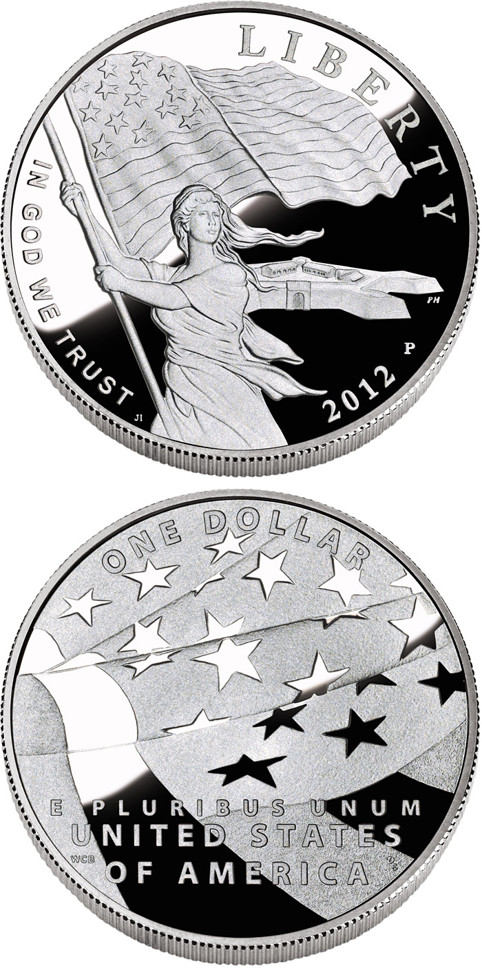 Image of 1 dollar coin - The Star-Spangled Banner  | USA 2012.  The Silver coin is of Proof, BU quality.