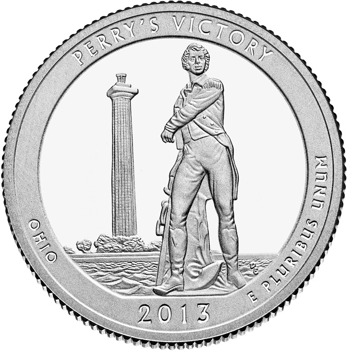 Image of 25 cents coin - Perry's Victory and International Peace Memorial  | USA 2013.  The Copper–Nickel (CuNi) coin is of Proof, BU, UNC quality.