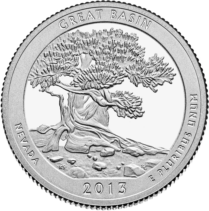 Image of 25 cents coin - Great Basin National Park  | USA 2013.  The Copper–Nickel (CuNi) coin is of Proof, BU, UNC quality.