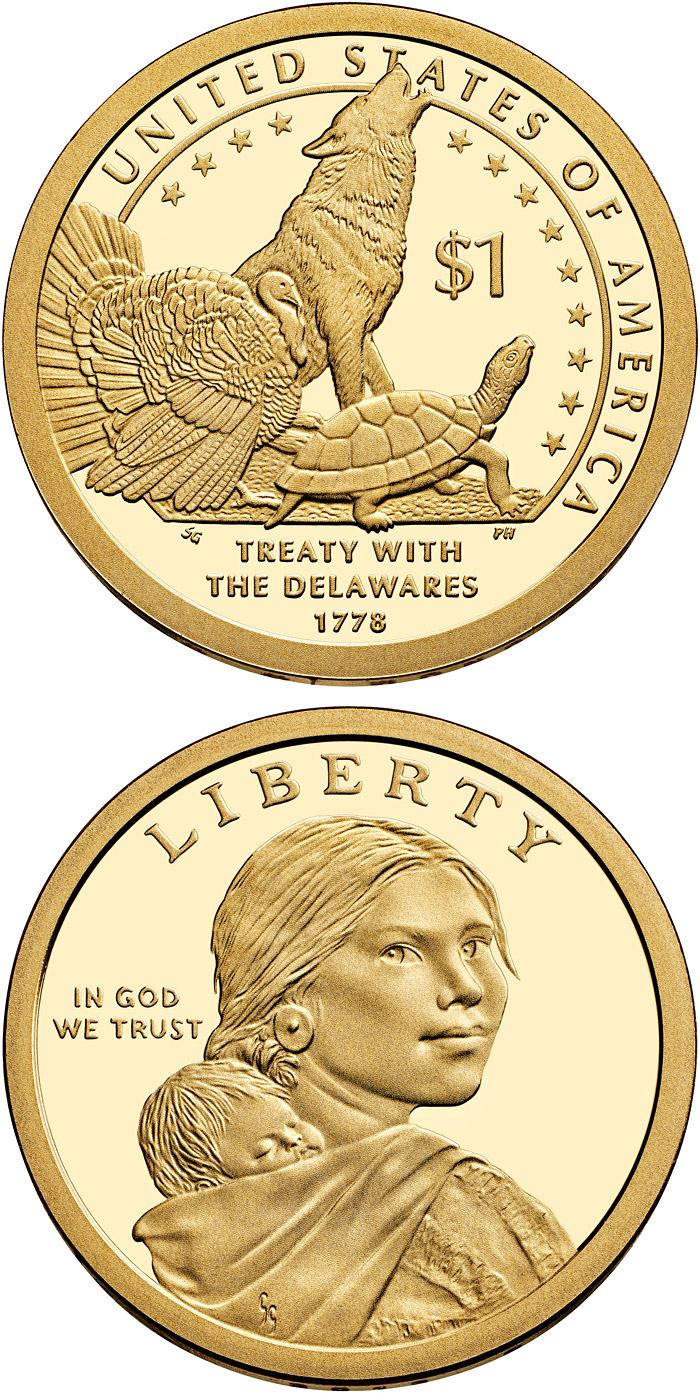 Image of 1 dollar coin - The Delaware Treaty (1778) | USA 2013.  The Nordic gold (CuZnAl) coin is of Proof, UNC quality.