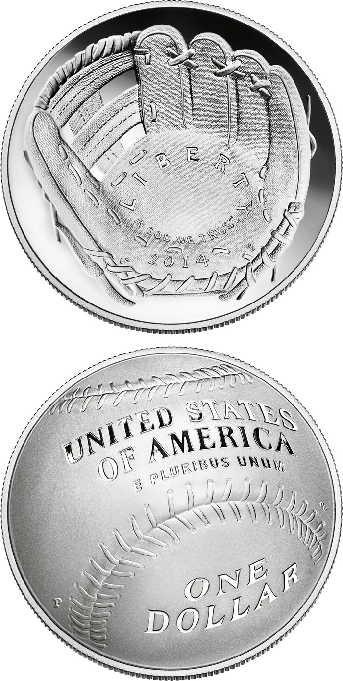 Image of 1 dollar coin - National Baseball Hall of Fame | USA 2014.  The Silver coin is of Proof, BU quality.