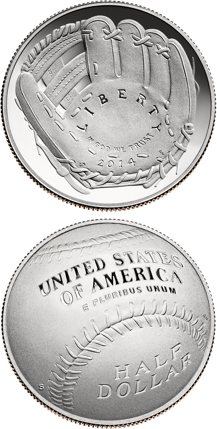 Image of 0.5 dollar coin - National Baseball Hall of Fame | USA 2014.  The Copper–Nickel (CuNi) coin is of Proof, BU quality.