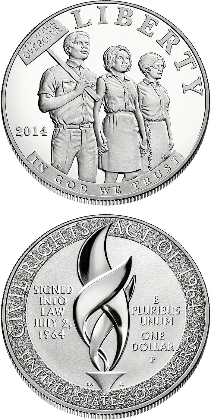 Image of 1 dollar coin - 2014 Civil Rights Act of 1964 | USA 2014.  The Silver coin is of Proof, BU quality.